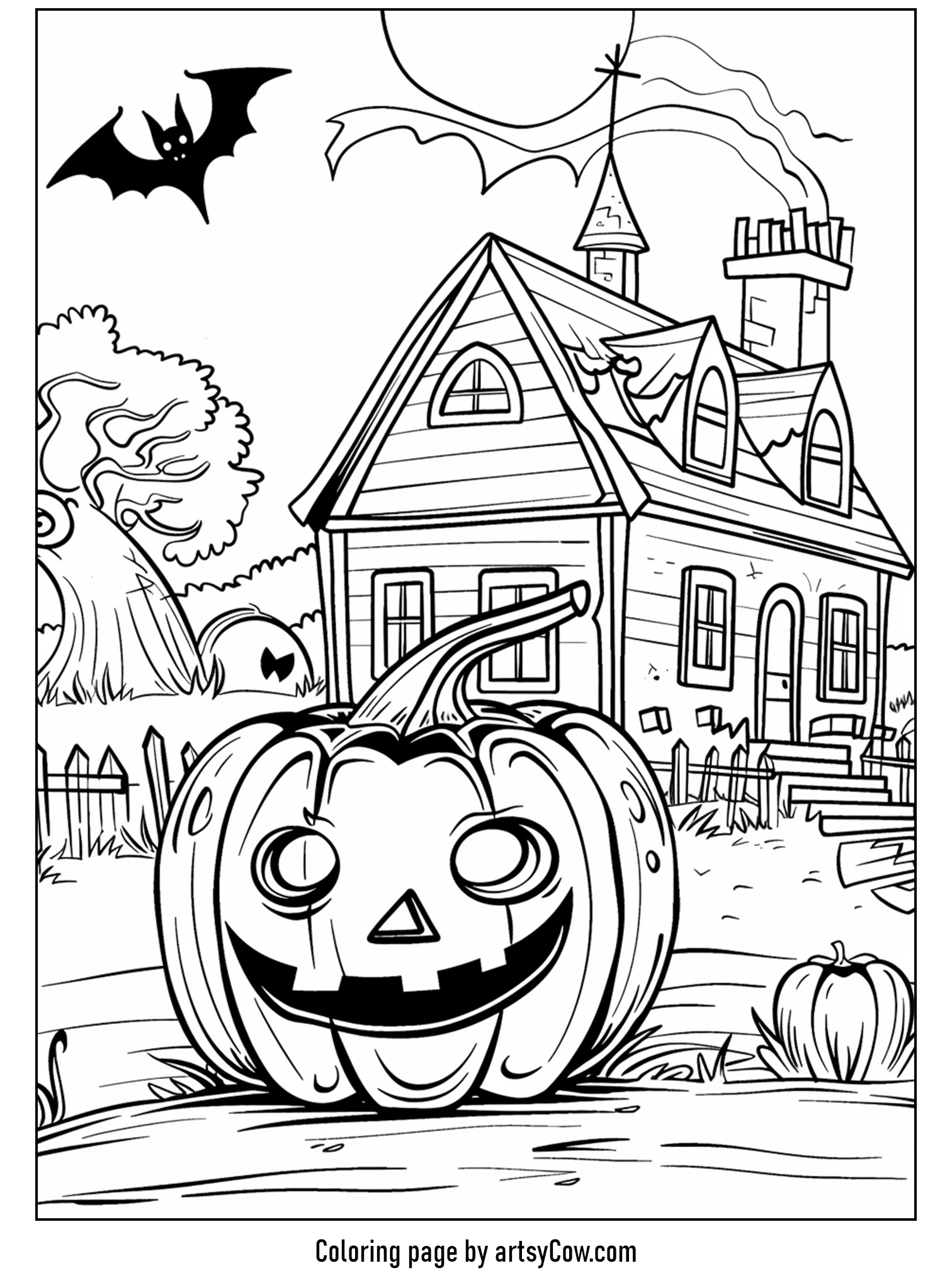 halloween pumpkin drawings for kids featuring a large, smiling pumpkin with a spooky haunted house and a flying bat in the background